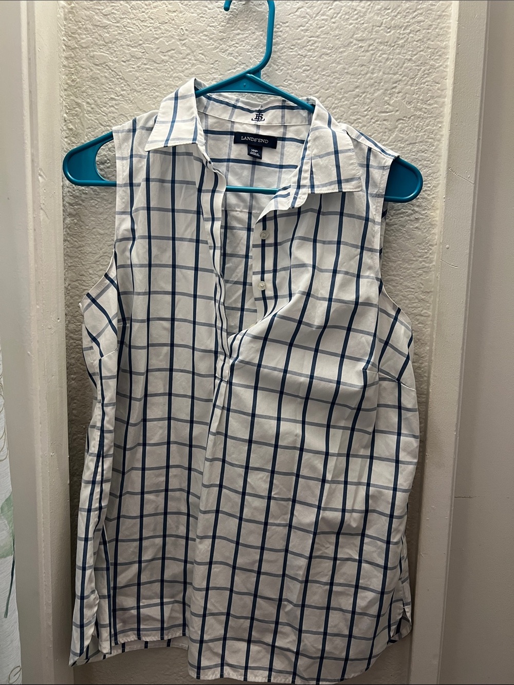 Lands' End women’s  White & Blue Windowpane Button-Up Shirt